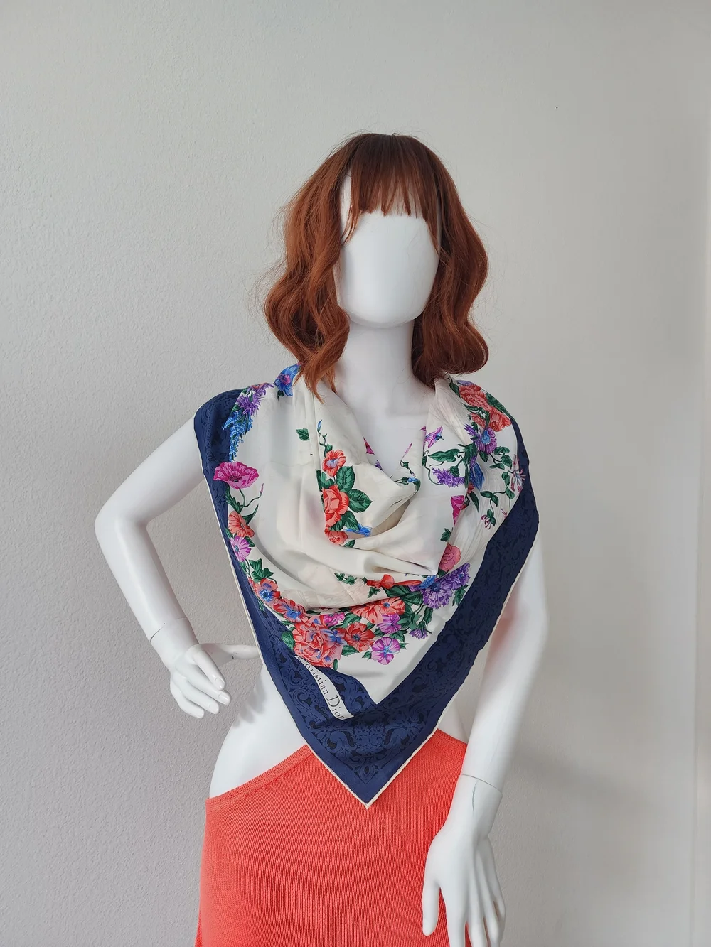 Auth Dior Floral Silk Scarf in Navy, White, Pink, Red, Blue, Green, Purple